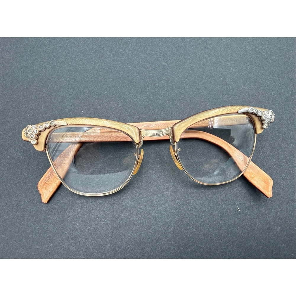 Vintage Shuron 1950s Cat Eye Eyeglasses Rhinestone Frames Brown USA